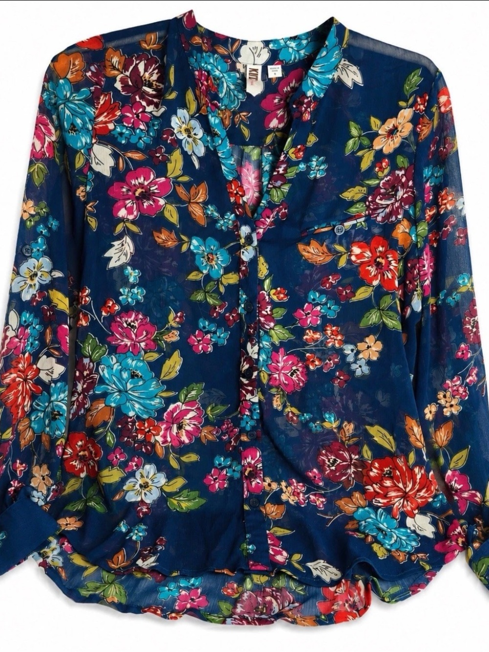 Kut From The Kloth Floral Chiffon Tunic Blouse Dark Blue Boho Roll Tab Small